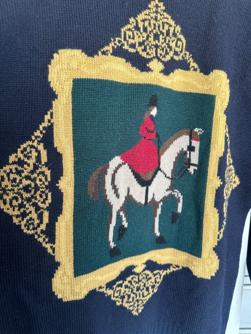 VTG 90s 100% Wool Horse Riding Equestrian Navy Crewneck Sweater Grandmillennial - Picture 3 of 8